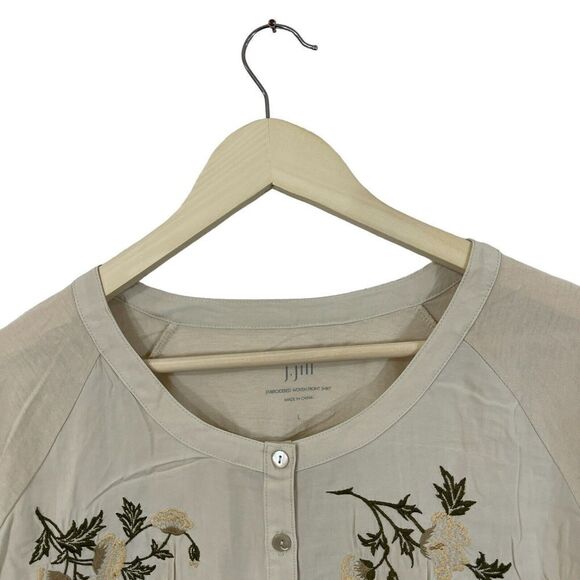 J Jill Large Embroidered Woven Front Shirt Button Front Long Sleeve Beige Womens - Picture 6 of 14